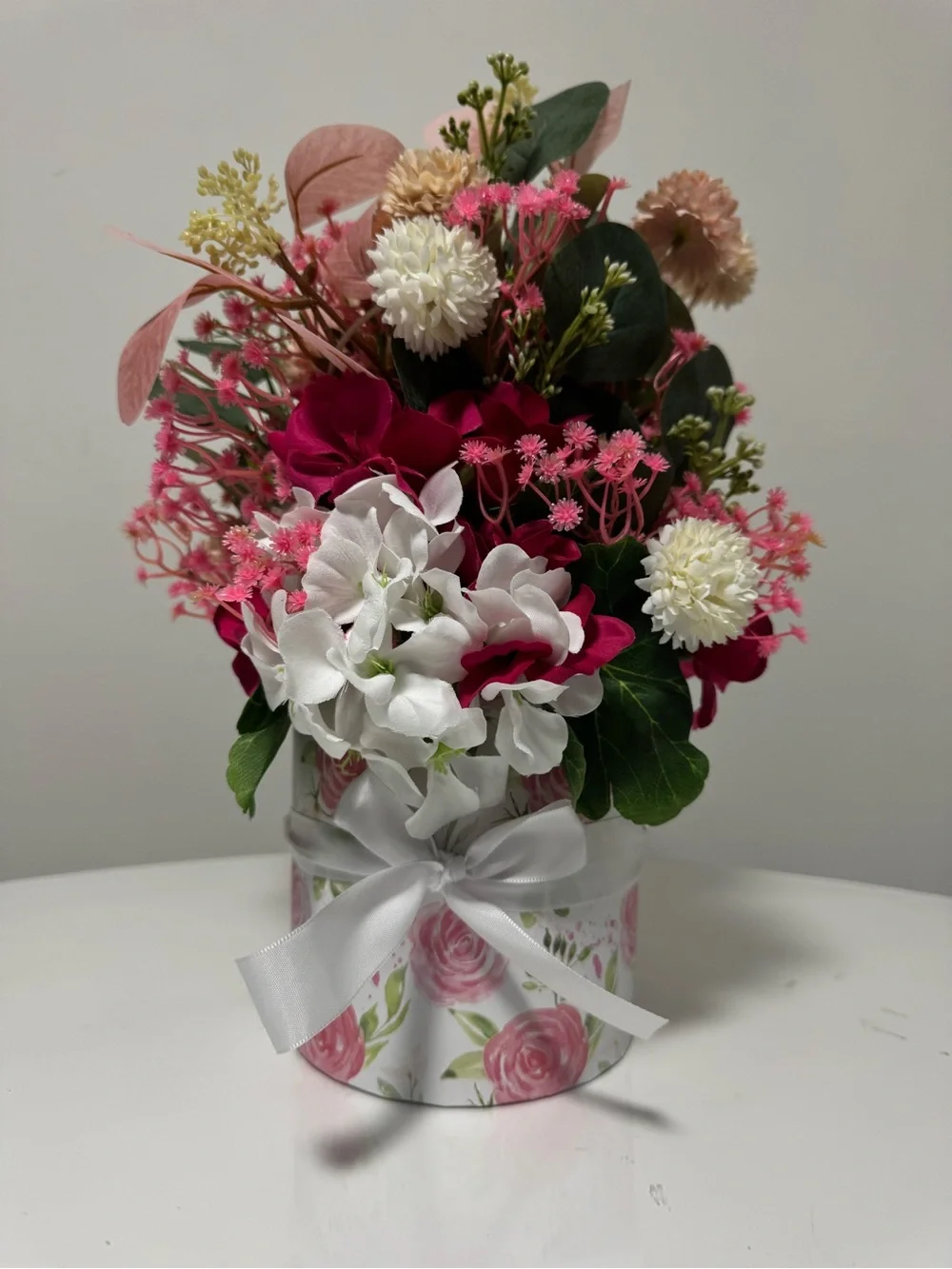Pink & White Floral Arrangement in Decorative Hatbox
